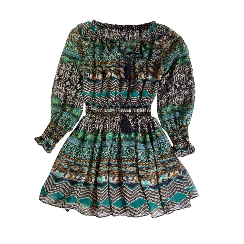 Ett Twa Mini Dress Womens Small Teal Green Geometric Tribal Boho Smocked Good